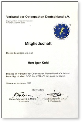 VOD-Mitgliedsurkunde Igor Kohl